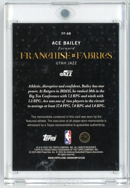 2025 Topps Ace Bailey #FFAB Franchise Fabrics Player Worn Relic Utah Jazz Rookie RC Basketball Card