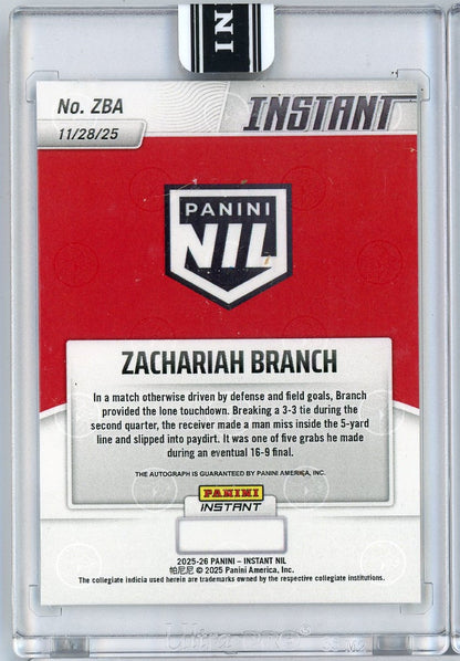 2025 Panini Instant Zachariah Branch #ZBA Auto Georgia Bulldogs Rookie RC Football Card