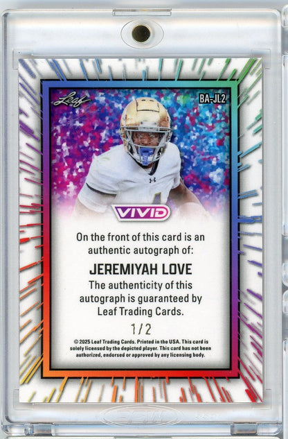 2025 Leaf Vivid Jeremiyah Love #BAJL2 Auto /2 Notre Dame Rookie RC Football Card