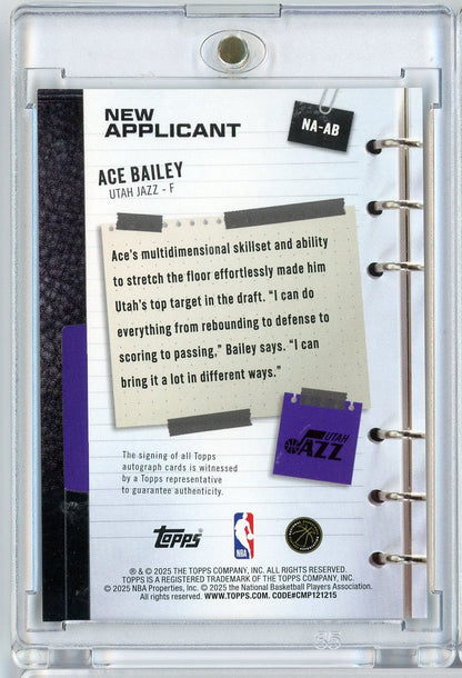 2025 Topps Ace Bailey #NAAB New Applicant Holo Auto Utah Jazz Rookie RC Basketball Card