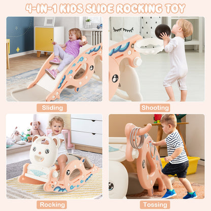 4-in-1 Kids Slide Rocking Horse with Basketball and Ring Toss-Pink