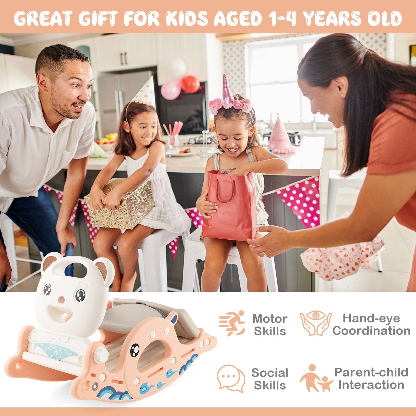 4-in-1 Kids Slide Rocking Horse with Basketball and Ring Toss-Pink