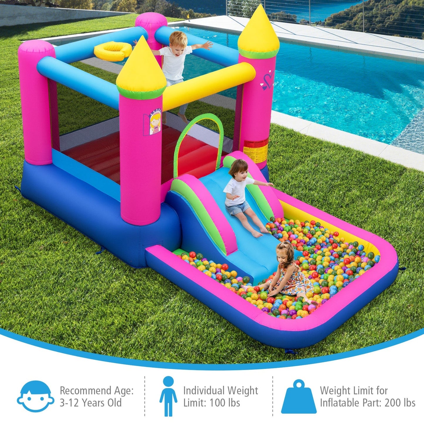 Inflatable Bounce House 4-in-1 Kids Princess-themed Bouncer Blow-up Bouncy Castle with 480 Blower