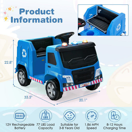 Interactive 12V Ride-on Garbage Truck with Lights and Recycling Accessories for Kids