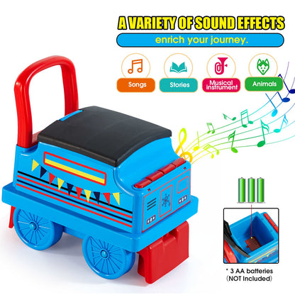 Interactive 6V Electric Kids Train Set with Track, Carriage, Lights, Whistle, Music, Storytelling, and Storage