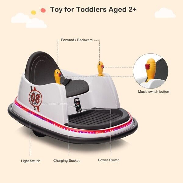 Interactive LED Bumper Car for Kids and Toddlers with Remote Control - White