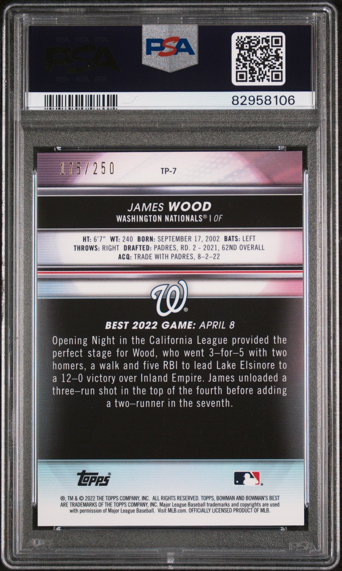 Graded 2022 Topps Bowmans Best James Wood #TP7 Top Prospects Purple Ref Rookie RC Baseball Card PSA 10 Gem Mint