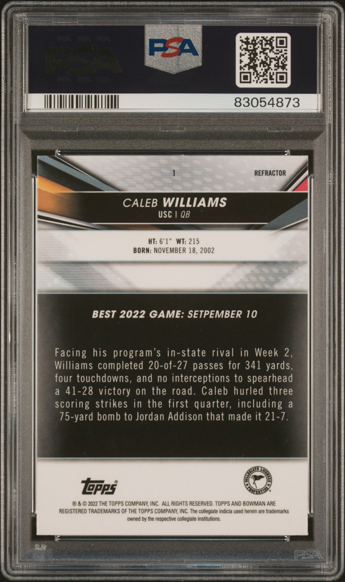 Graded 2022 Topps Bowmans Best University Caleb Williams #1 Refractor Rookie RC Football Card PSA 10 Gem Mint