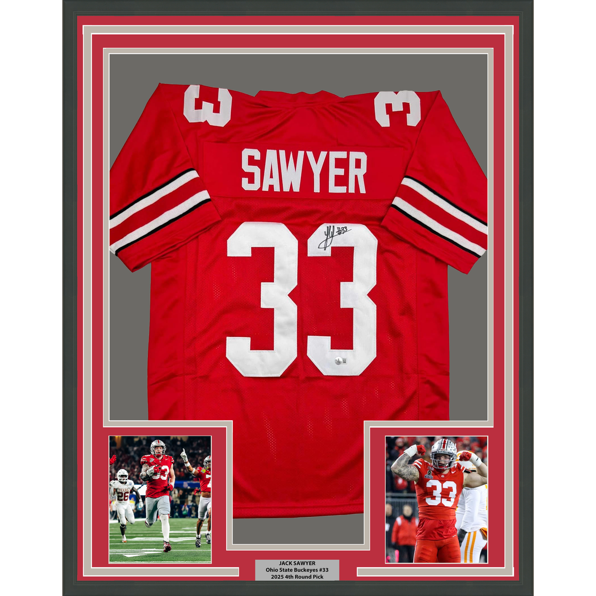 Framed Autographed/Signed Jack Sawyer 35x39 Ohio State Red College Football Jersey Beckett BAS COA