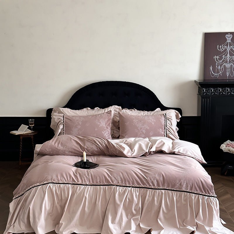 Jacquard Gilded Velvet Ruffled Bedding Set / Pink