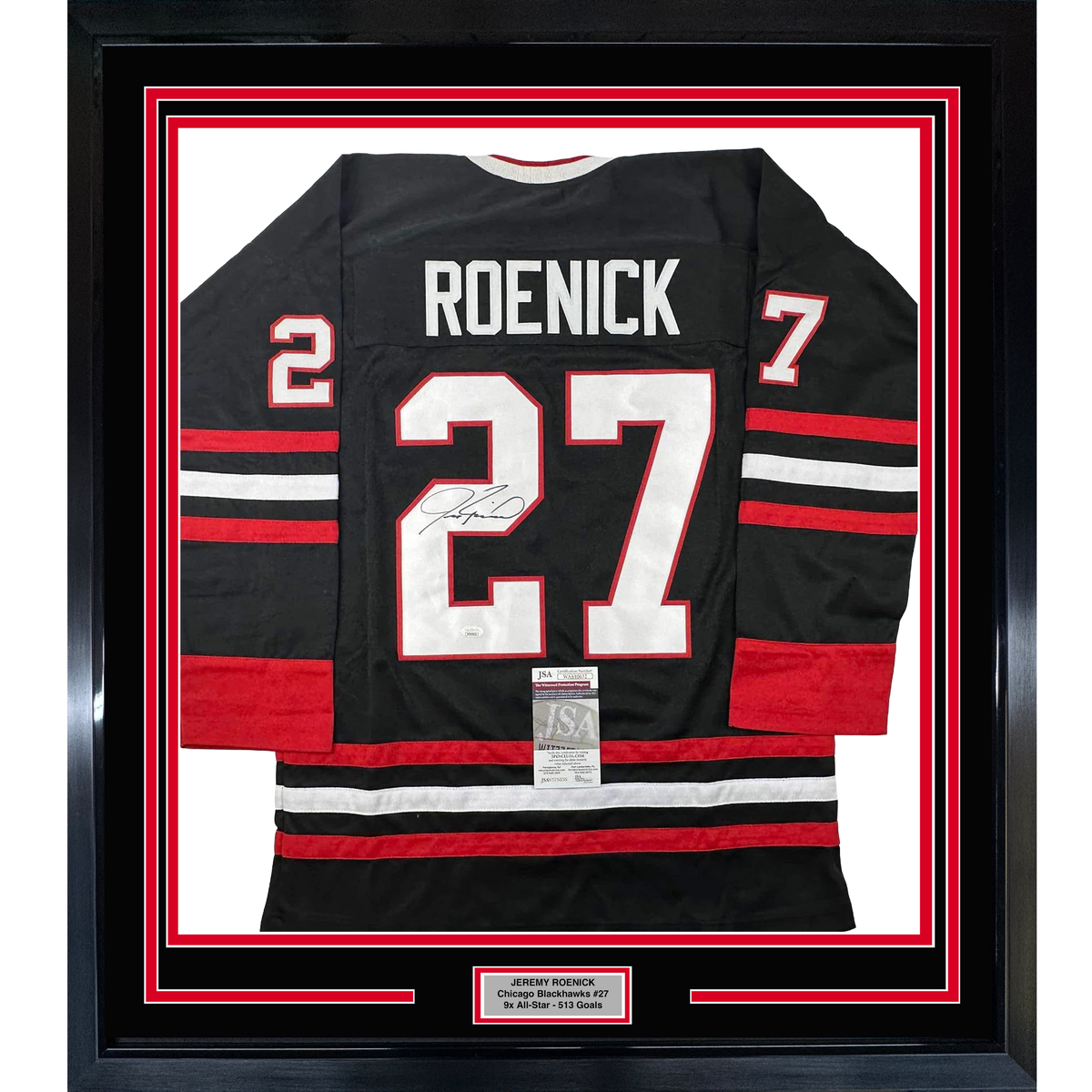Framed Autographed/Signed Jeremy Roenick 35x39 Chicago Black Hockey Jersey JSA COA