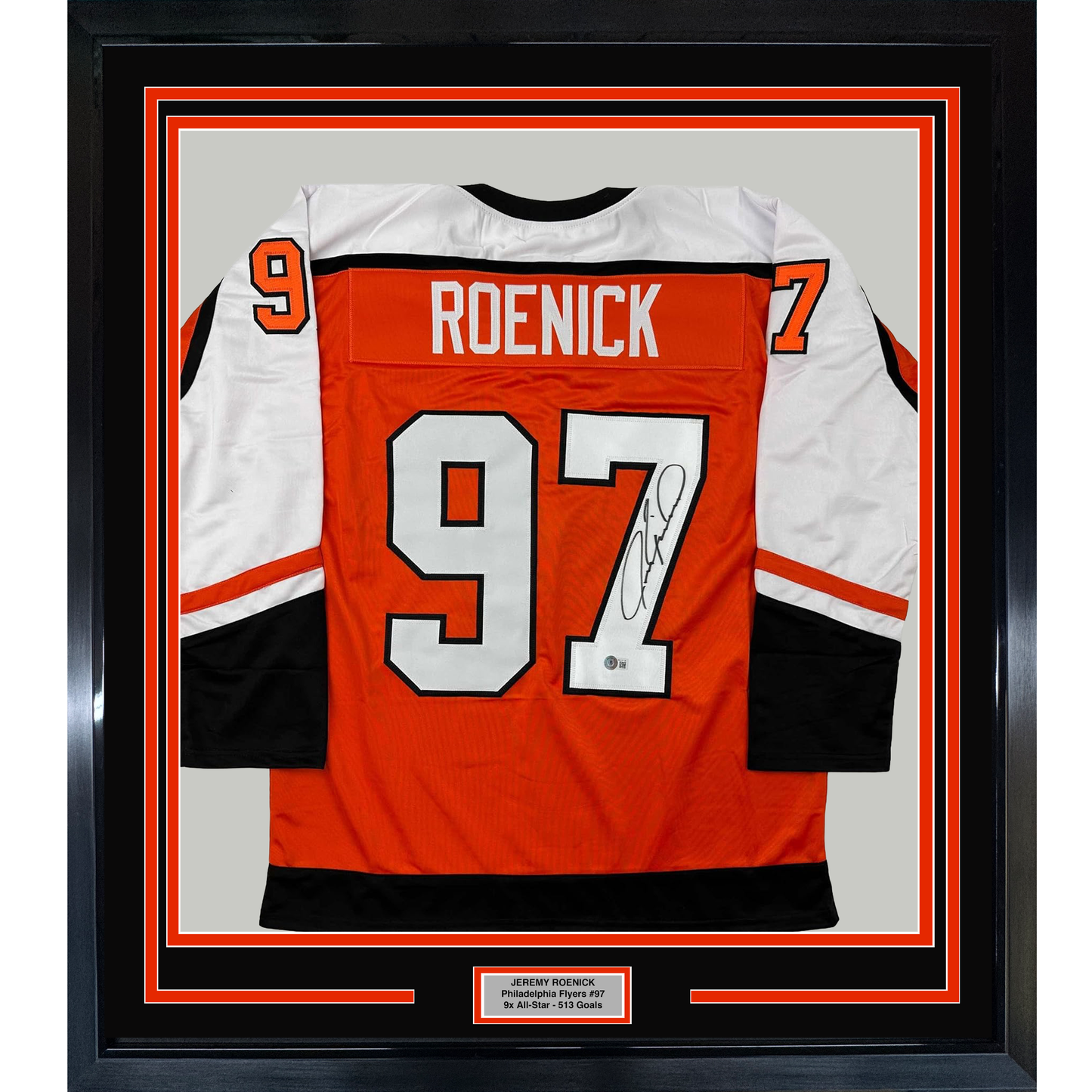 Framed Autographed/Signed Jeremy Roenick 35x39 Philadelphia Orange Hockey Jersey Beckett BAS COA
