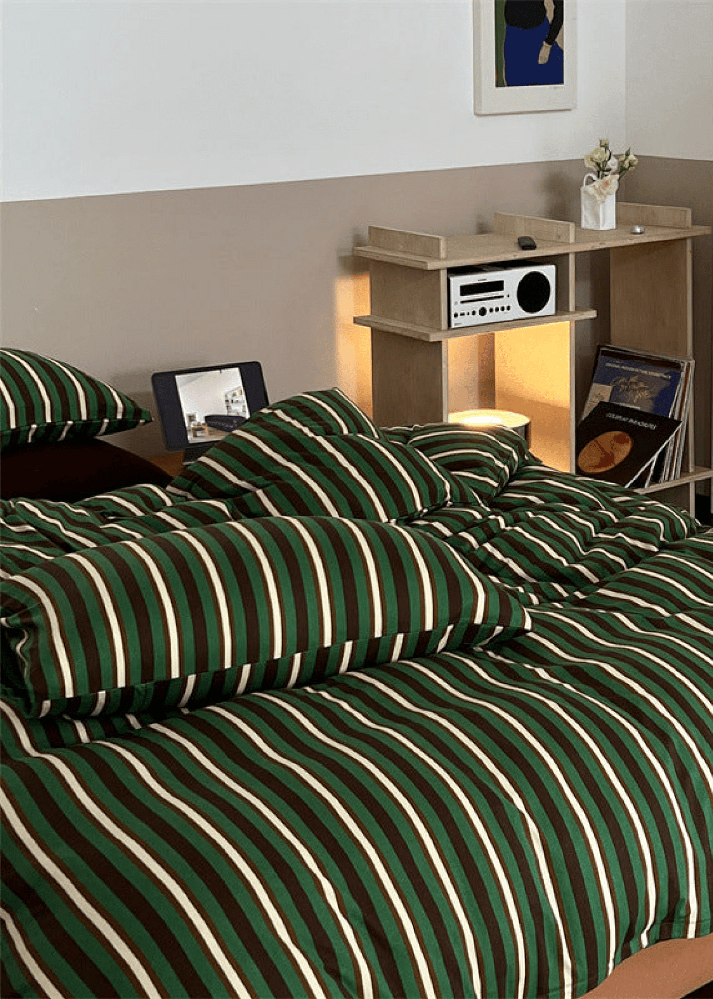 Jersey Knit Retro Stripe Bedding Set / Blue + Burgundy