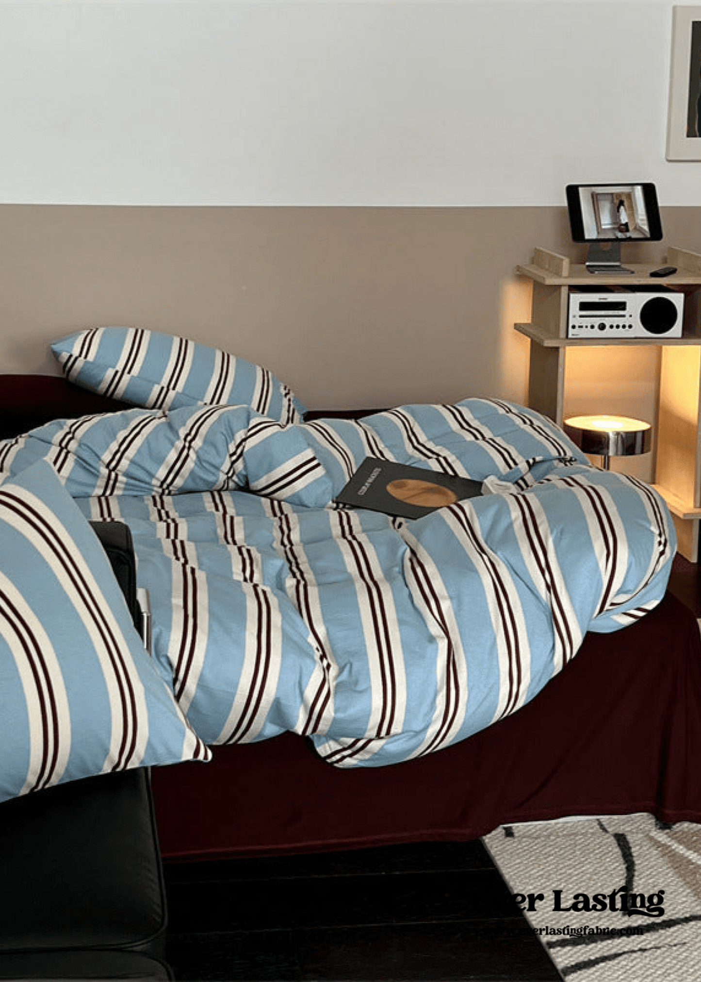Jersey Knit Retro Stripe Bedding Set / Blue + Burgundy