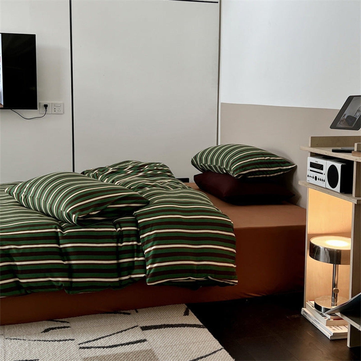 Jersey Knit Retro Stripe Bedding Set / Blue + Burgundy