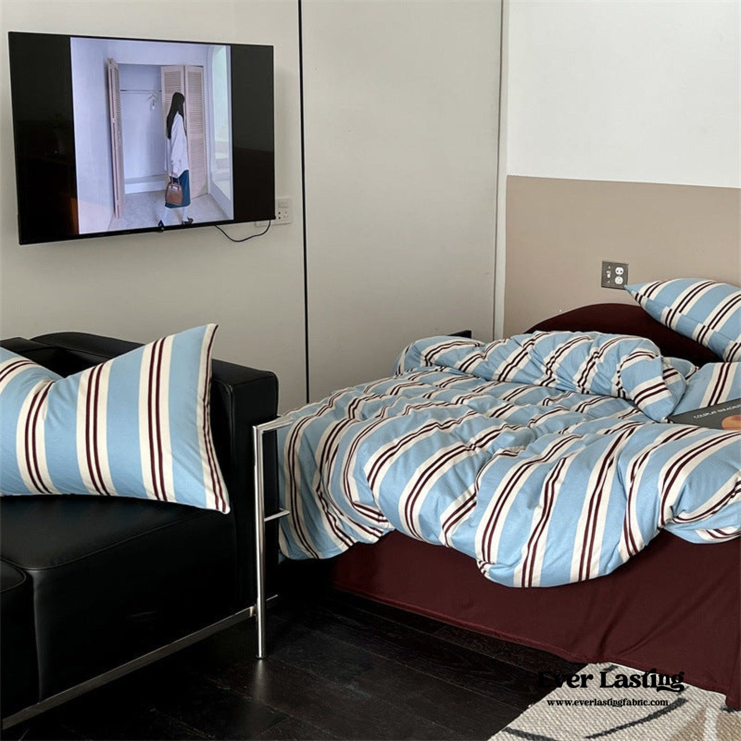Jersey Knit Retro Stripe Bedding Set / Blue + Burgundy