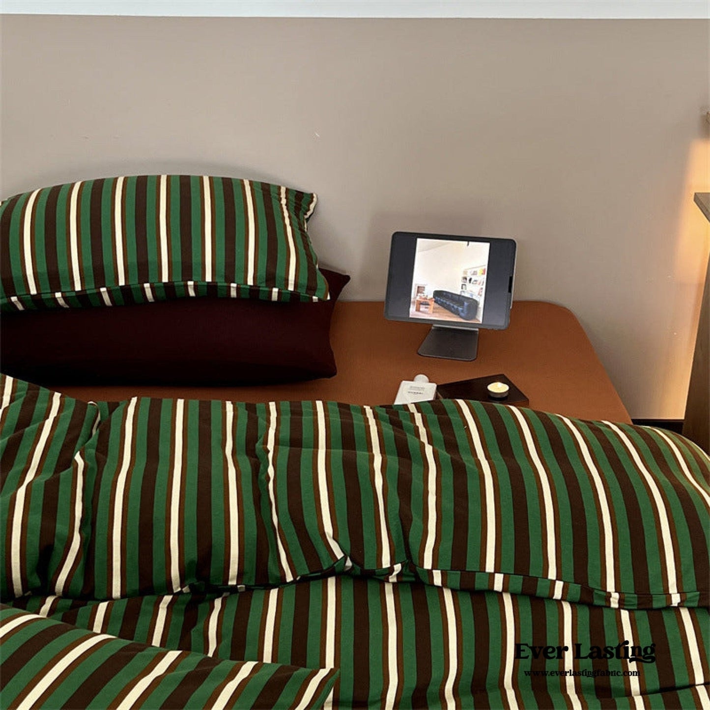 Jersey Knit Retro Stripe Bedding Set / Green + Brown