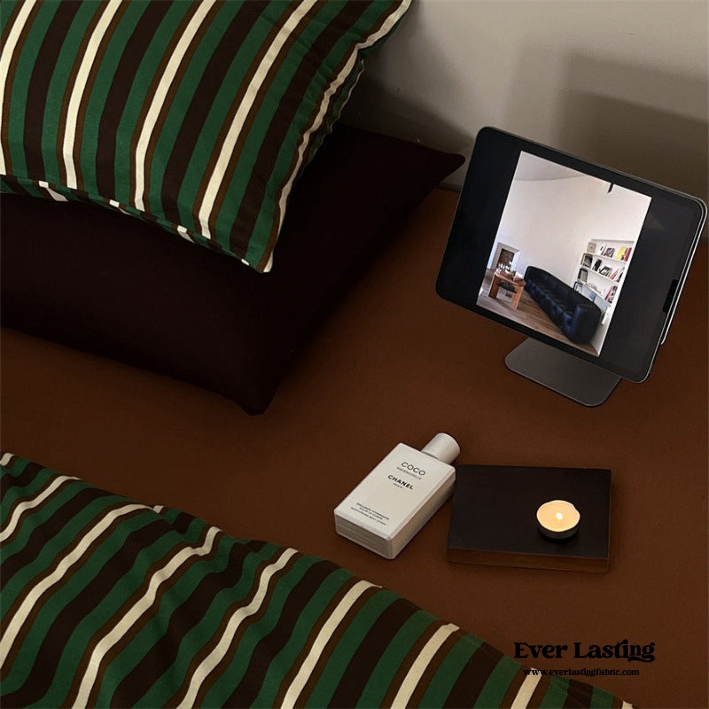 Jersey Knit Retro Stripe Bedding Set / Green + Brown