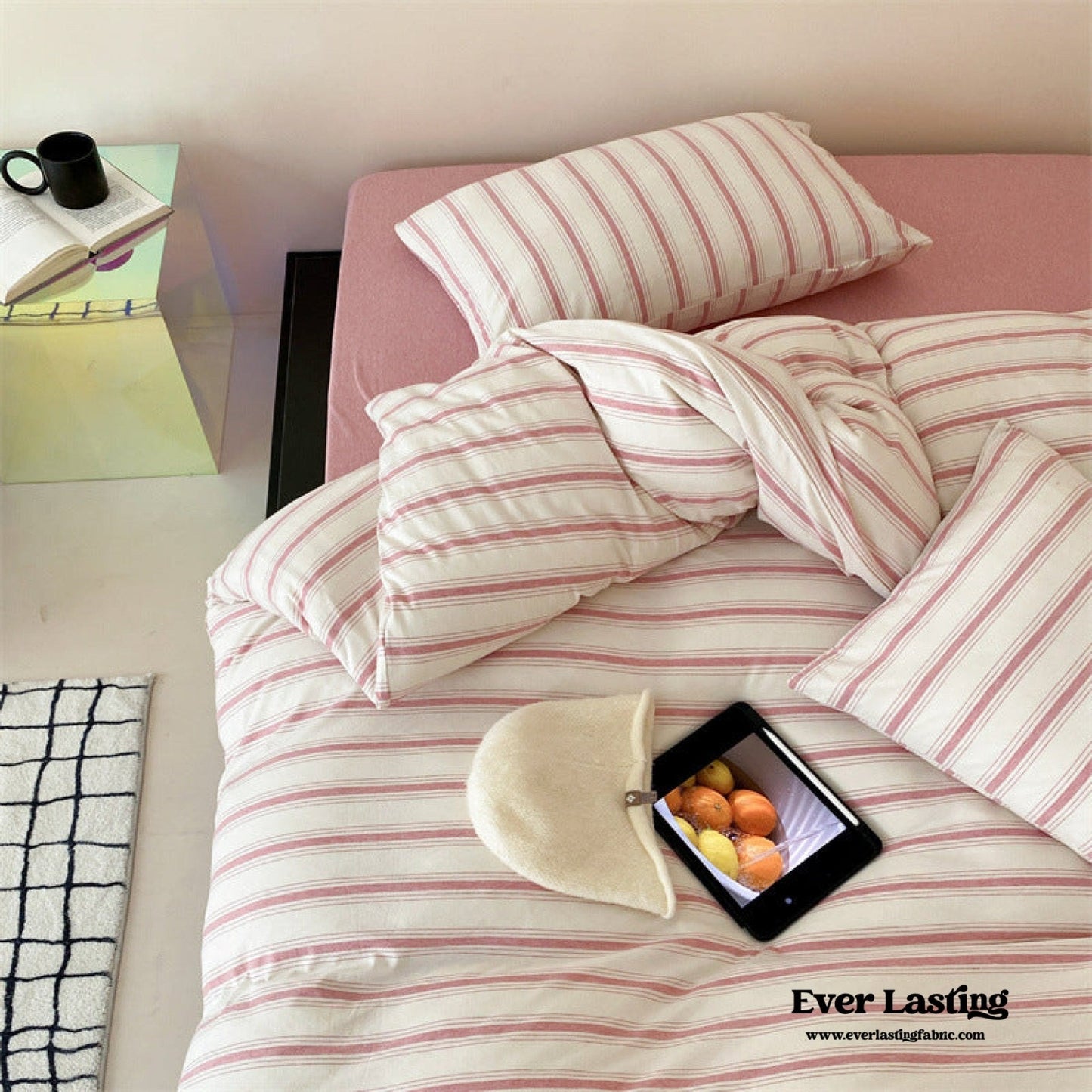 Jersey Knit Stripe Bedding Set / White Pink