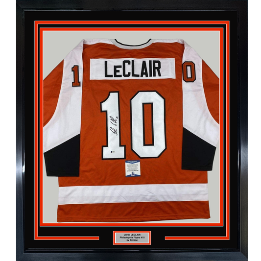 Framed Autographed/Signed John LeClair 35x39 Philadelphia Orange Hockey Jersey Beckett BAS COA