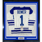 Framed Autographed/Signed Johnny Bower HOF 76 35x39 Toronto Blue Hockey Jersey JSA COA