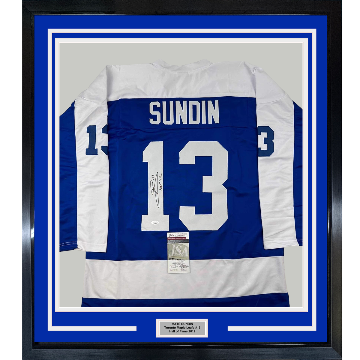 Framed Autographed/Signed Mats Sundin 35x39 HOF 12 Toronto Blue Hockey Jersey JSA COA