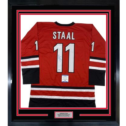 Framed Autographed/Signed Jordan Staal 35x39 Carolina Red Hockey Jersey Beckett BAS COA