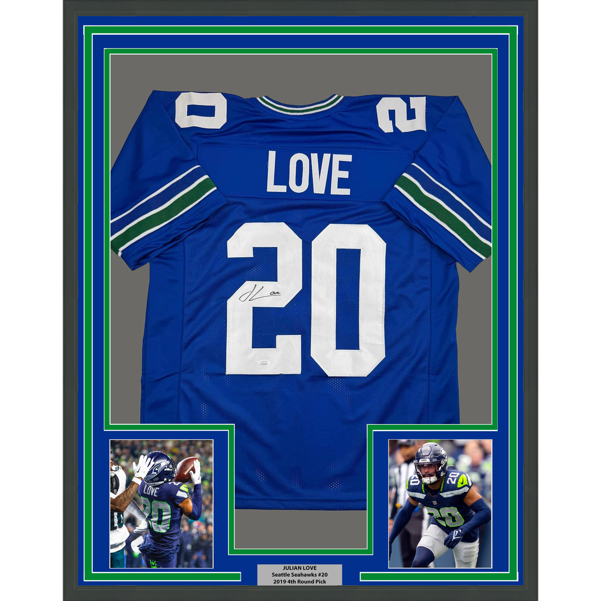 Framed Autographed/Signed Julian Love 35x39 Seattle Blue Retro Football Jersey JSA COA