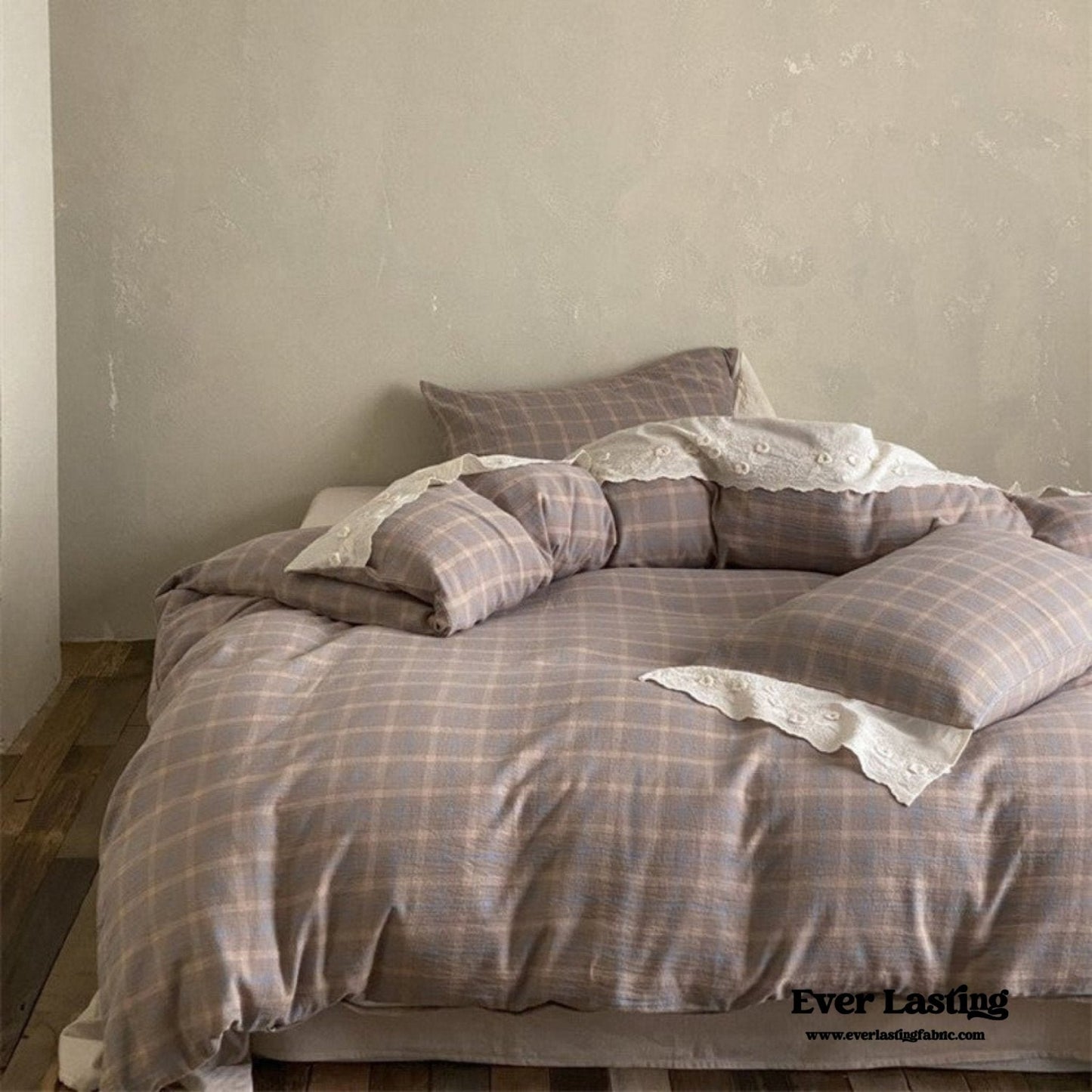 June Lace Double Gauze Gingham Bedding Set / Brown
