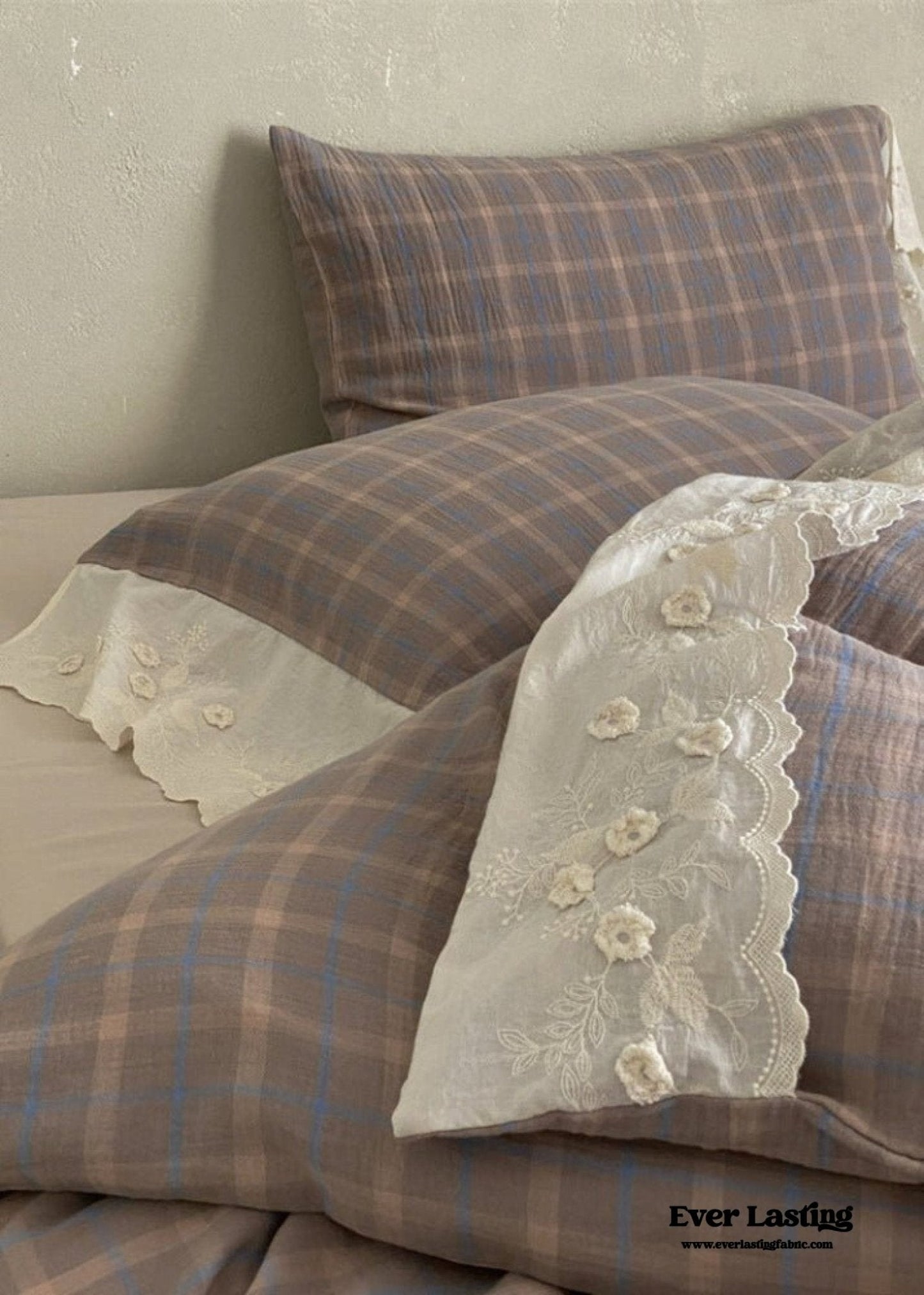 June Lace Double Gauze Gingham Bedding Set / Brown