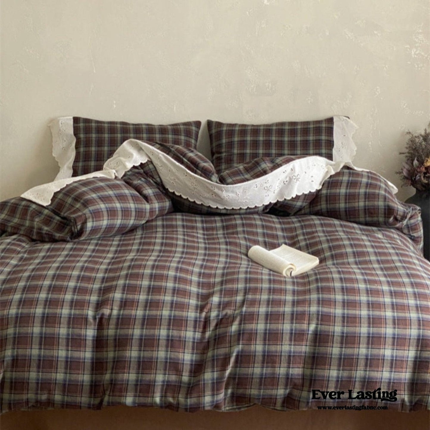 June Lace Double Gauze Gingham Bedding Set / Brown