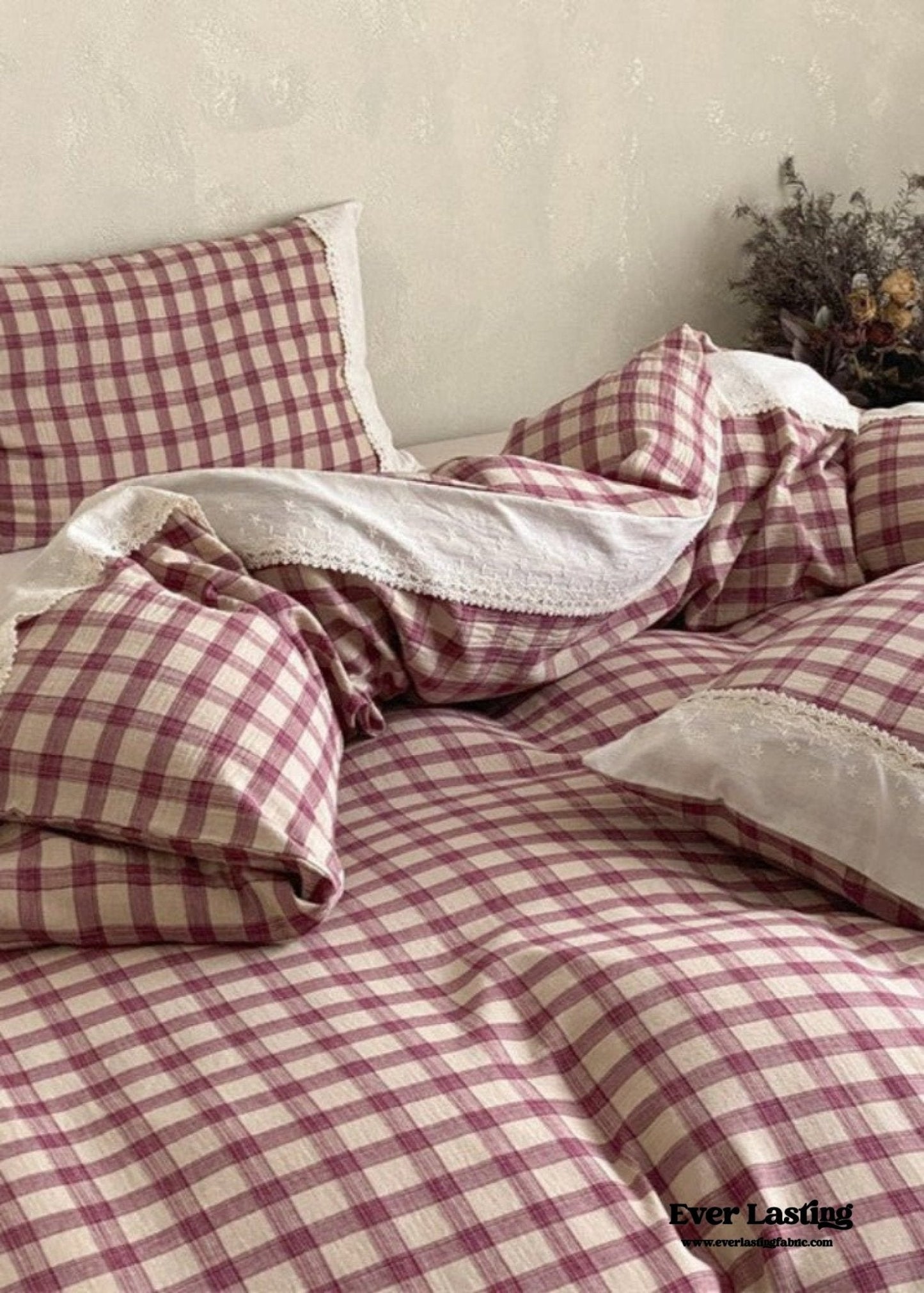 June Lace Double Gauze Gingham Bedding Set / Brown