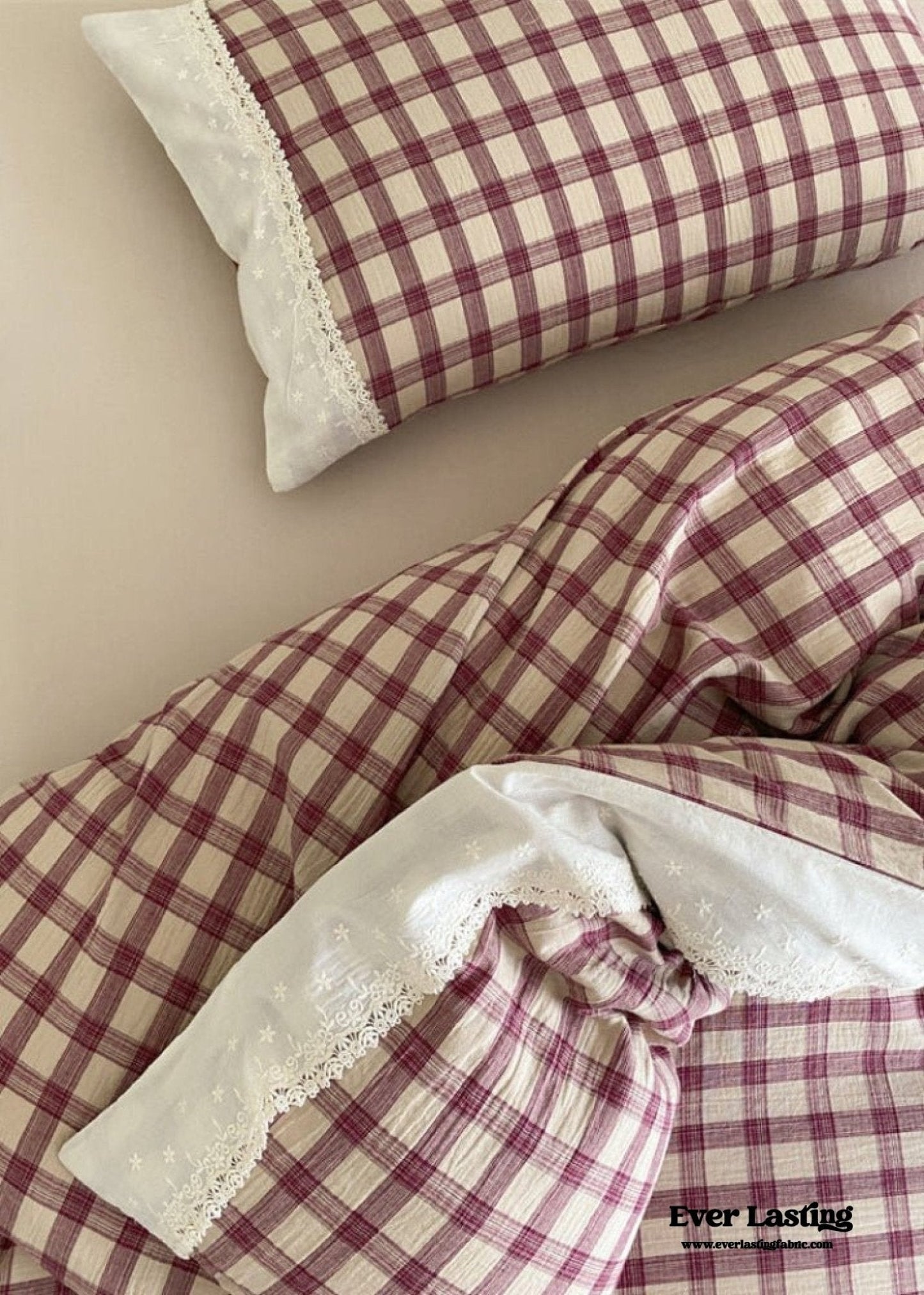 June Lace Double Gauze Gingham Bedding Set / Brown