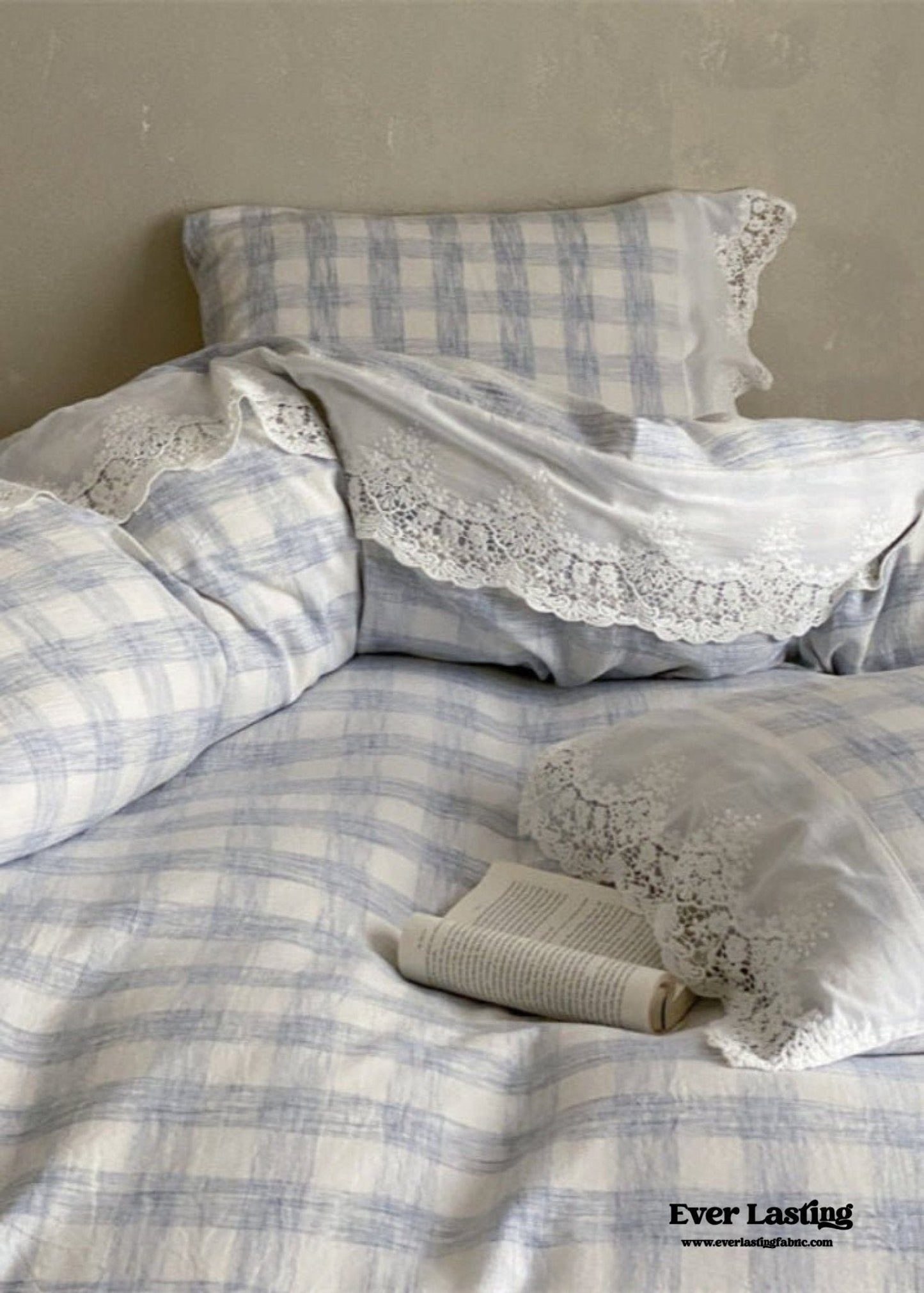 June Lace Double Gauze Gingham Bedding Set / Brown