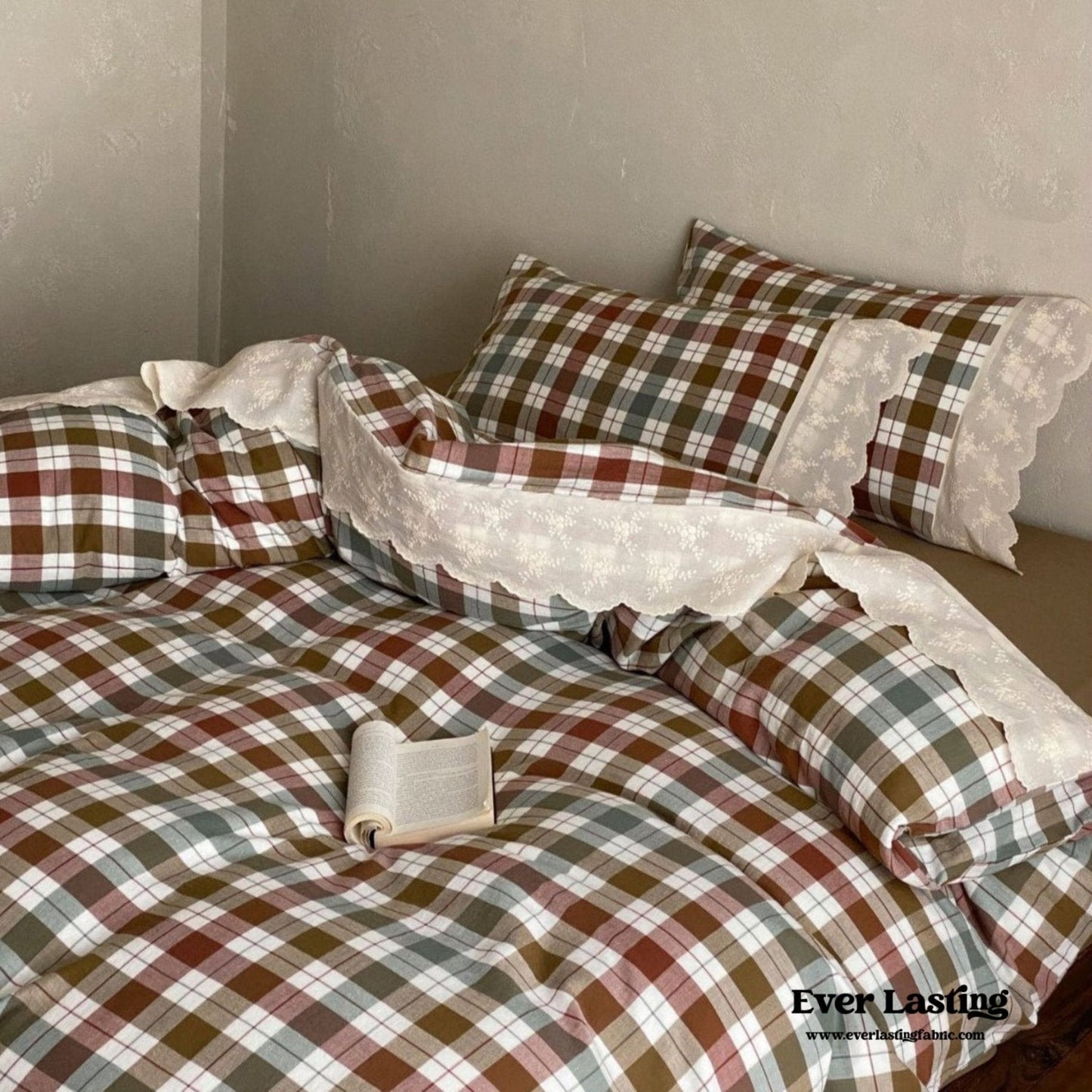 June Lace Double Gauze Gingham Bedding Set / Brown