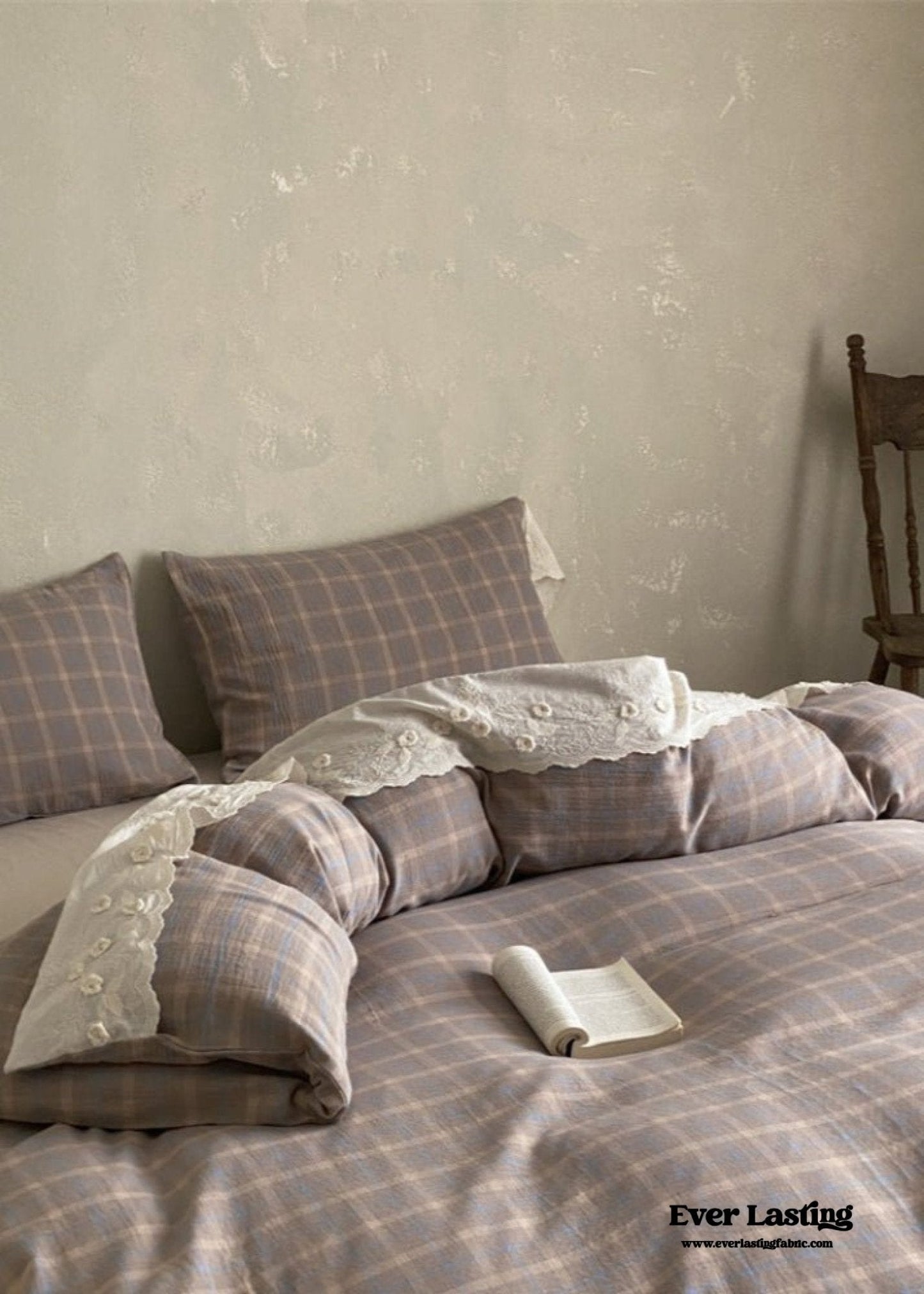 June Lace Double Gauze Gingham Bedding Set / Brown