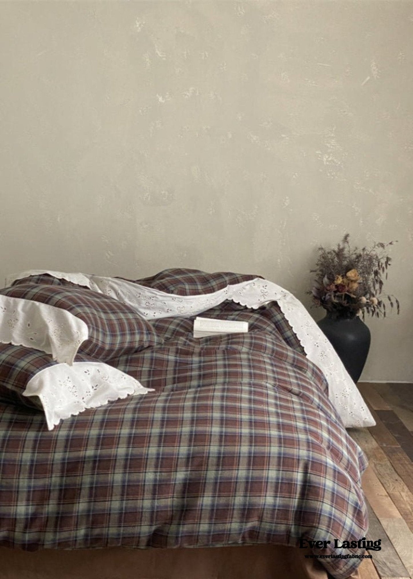June Lace Double Gauze Gingham Bedding Set / Brown