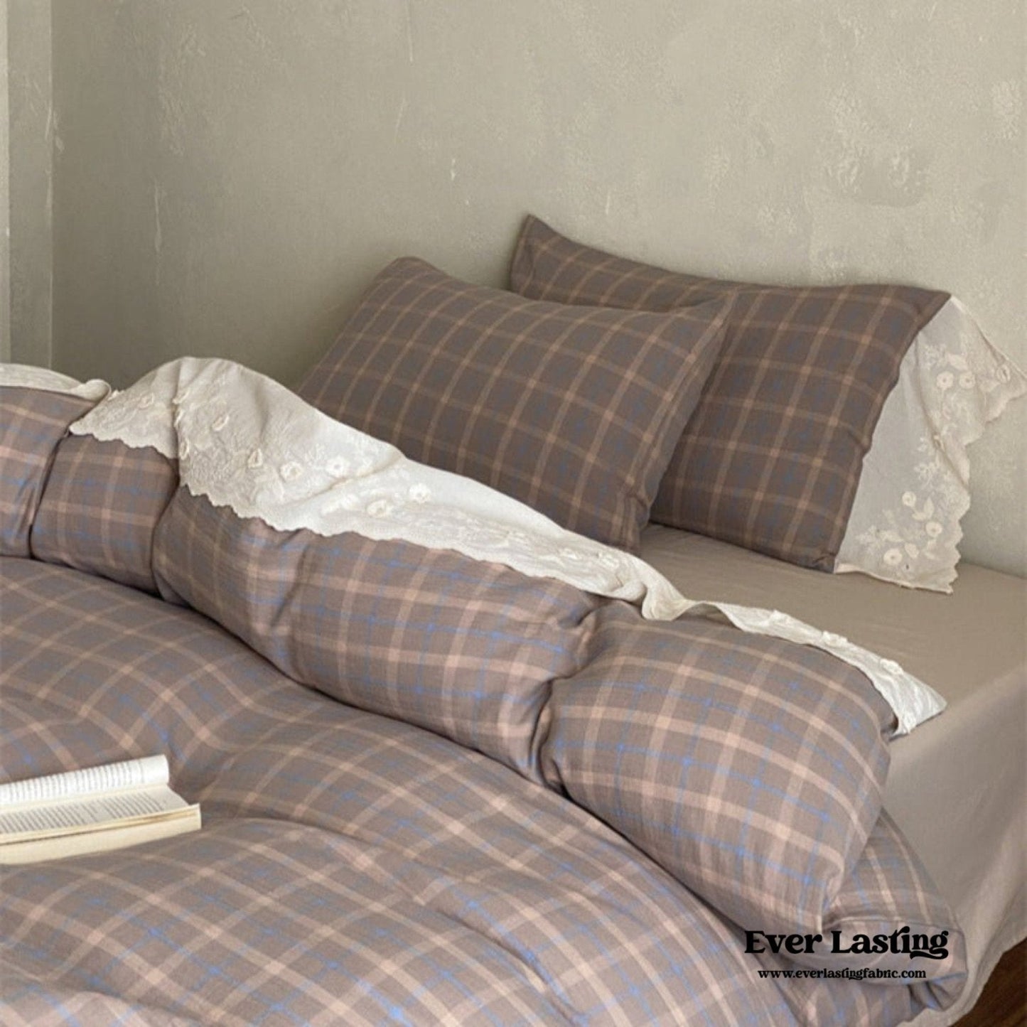 June Lace Double Gauze Gingham Bedding Set / Brown