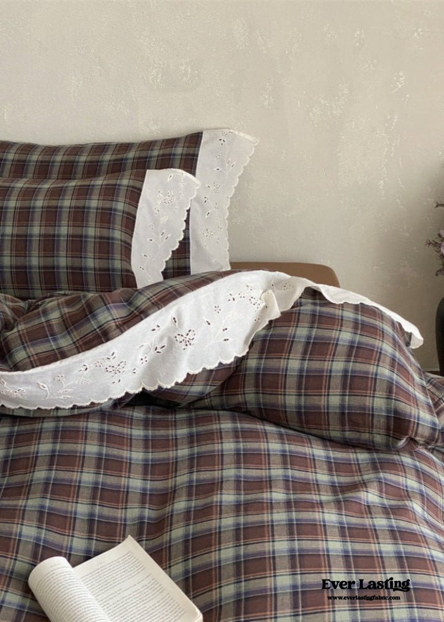 June Lace Double Gauze Gingham Bedding Set / Brown