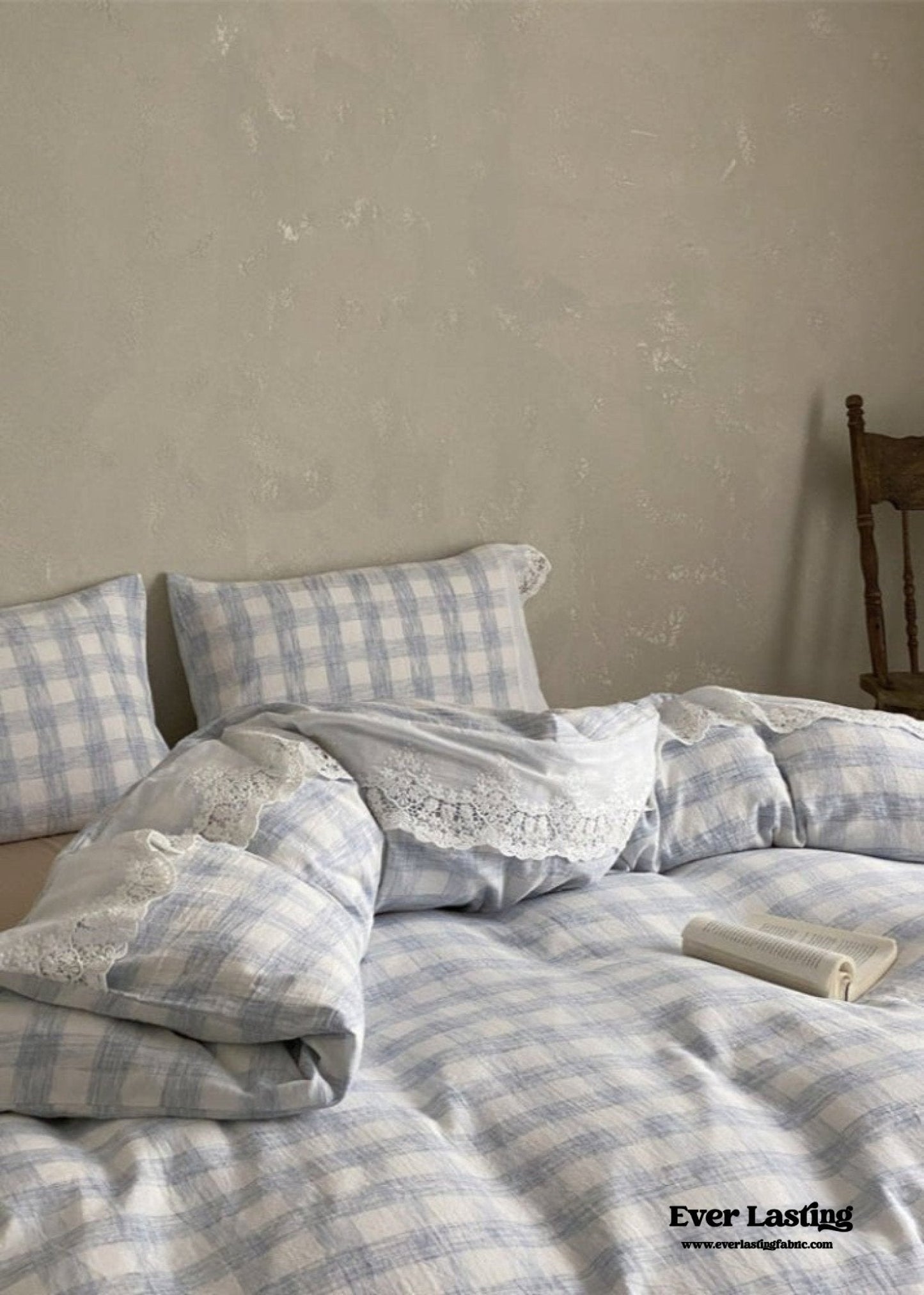 June Lace Double Gauze Gingham Bedding Set / Brown