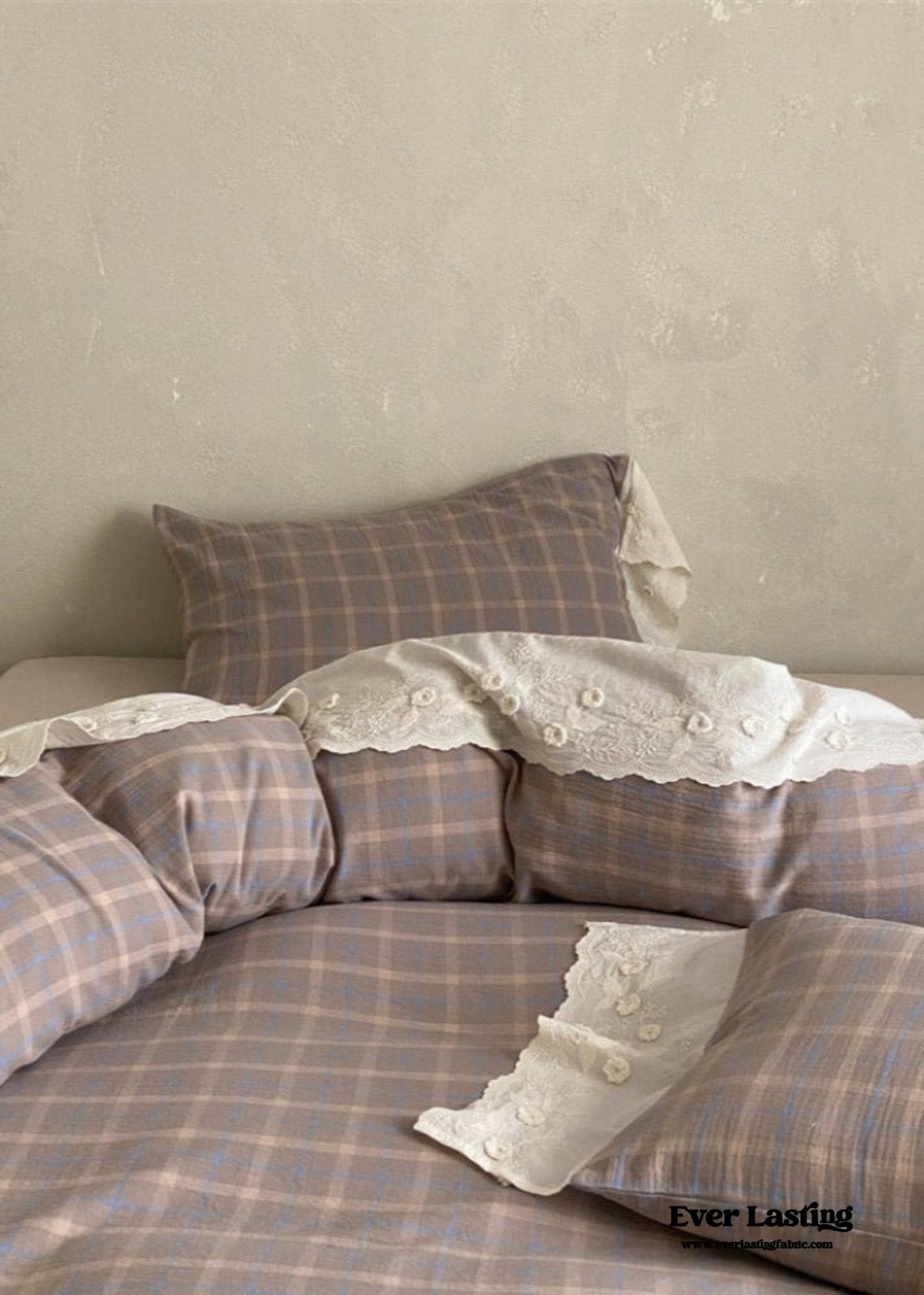 June Lace Double Gauze Gingham Bedding Set / Brown