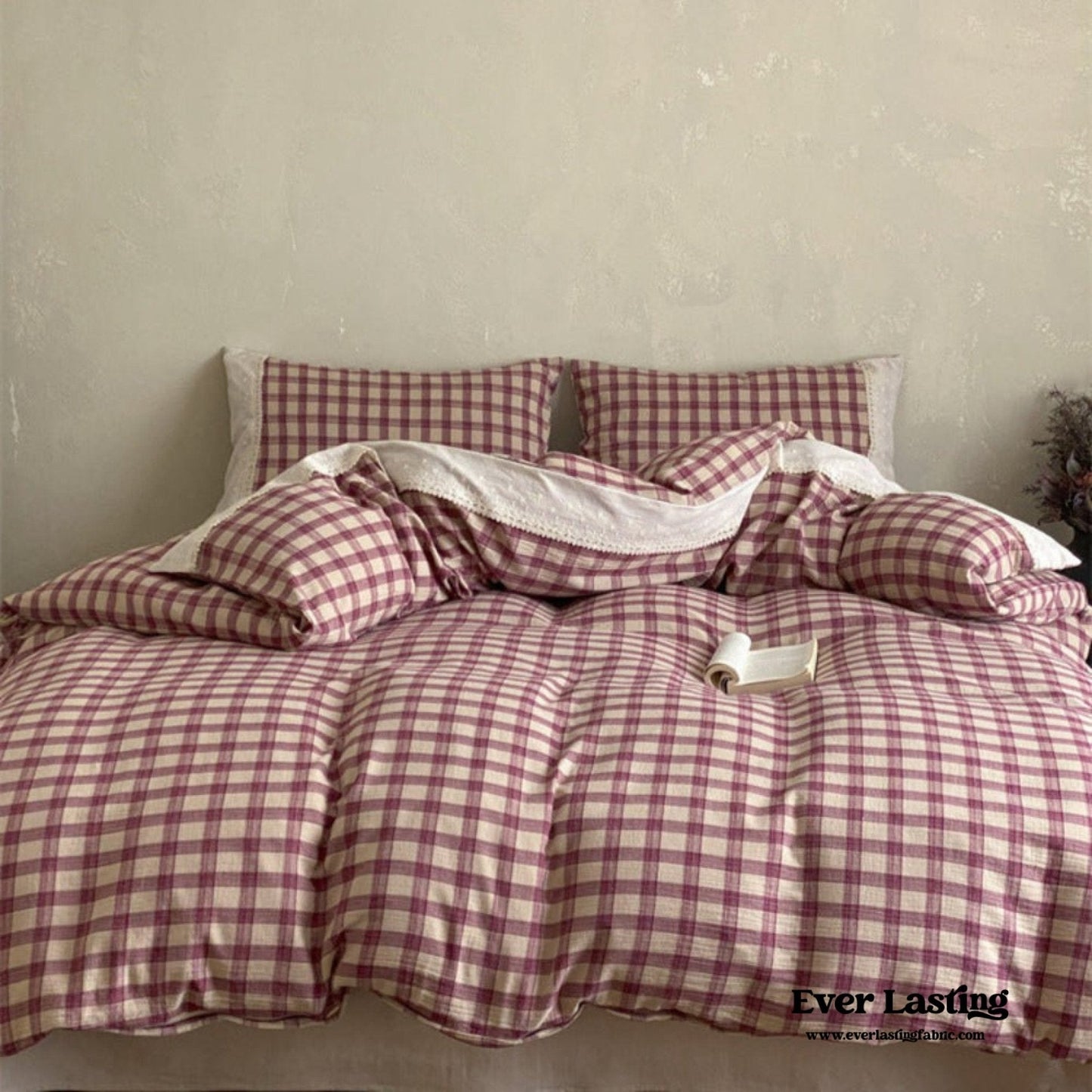 June Lace Double Gauze Gingham Bedding Set / Brown