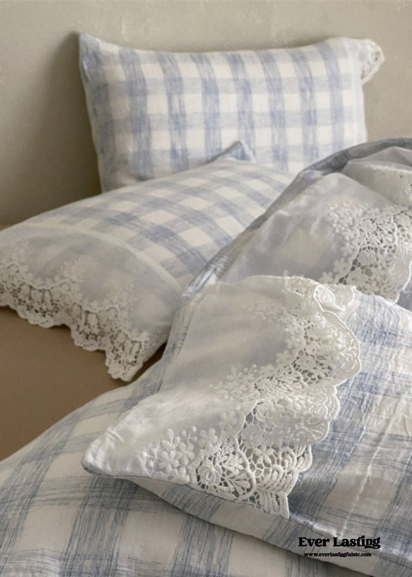 June Lace Double Gauze Gingham Bedding Set / Brown