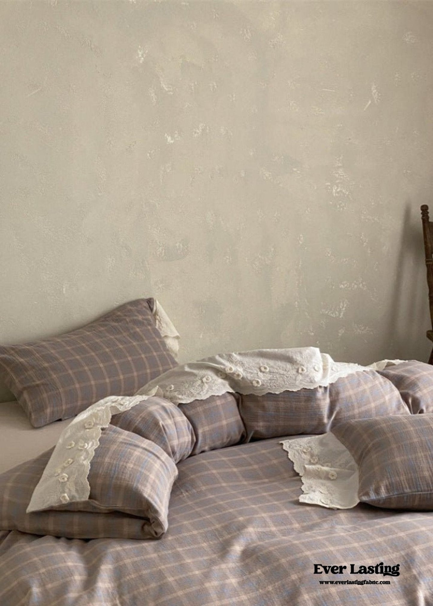 June Lace Double Gauze Gingham Bedding Set / Brown