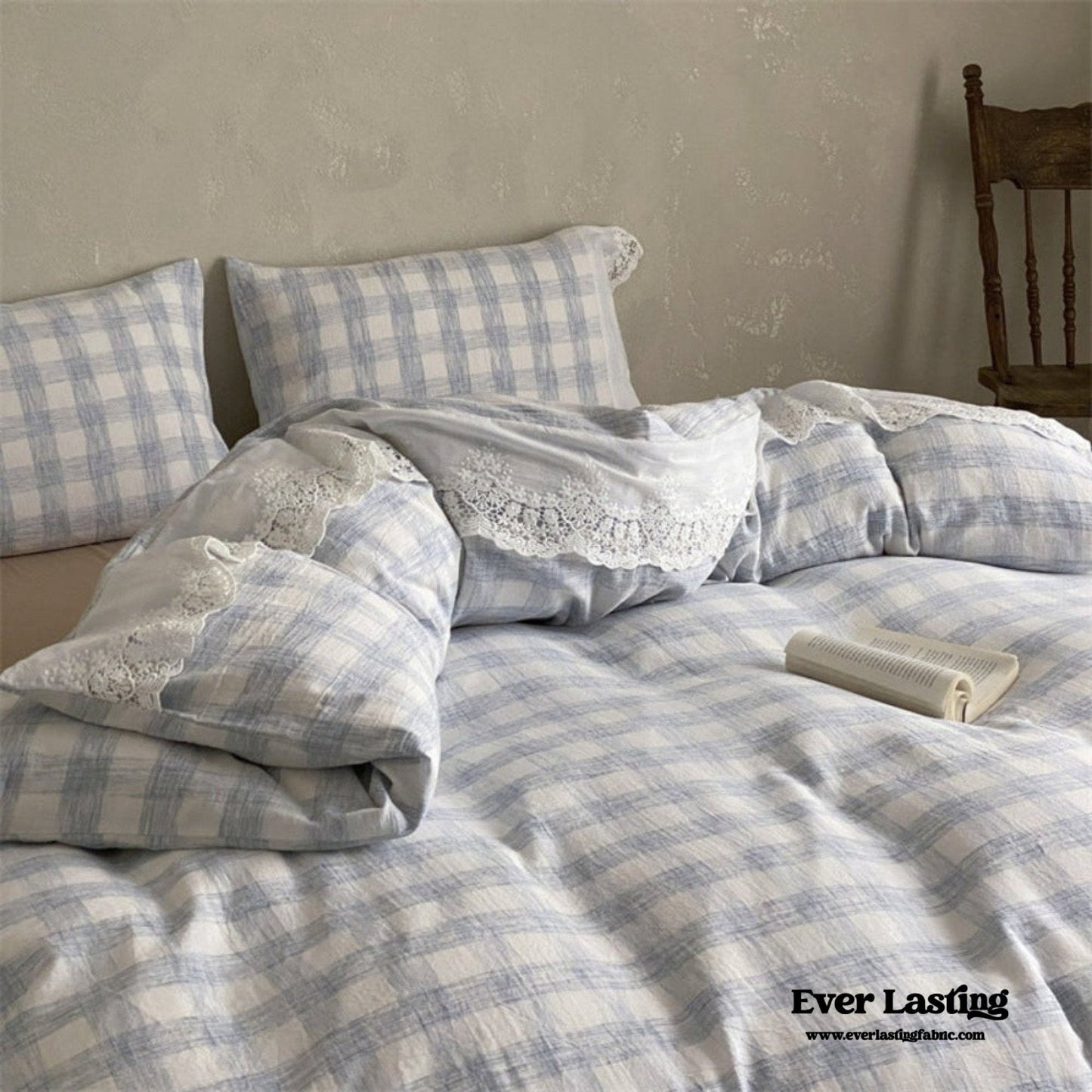 June Lace Double Gauze Gingham Bedding Set / Brown