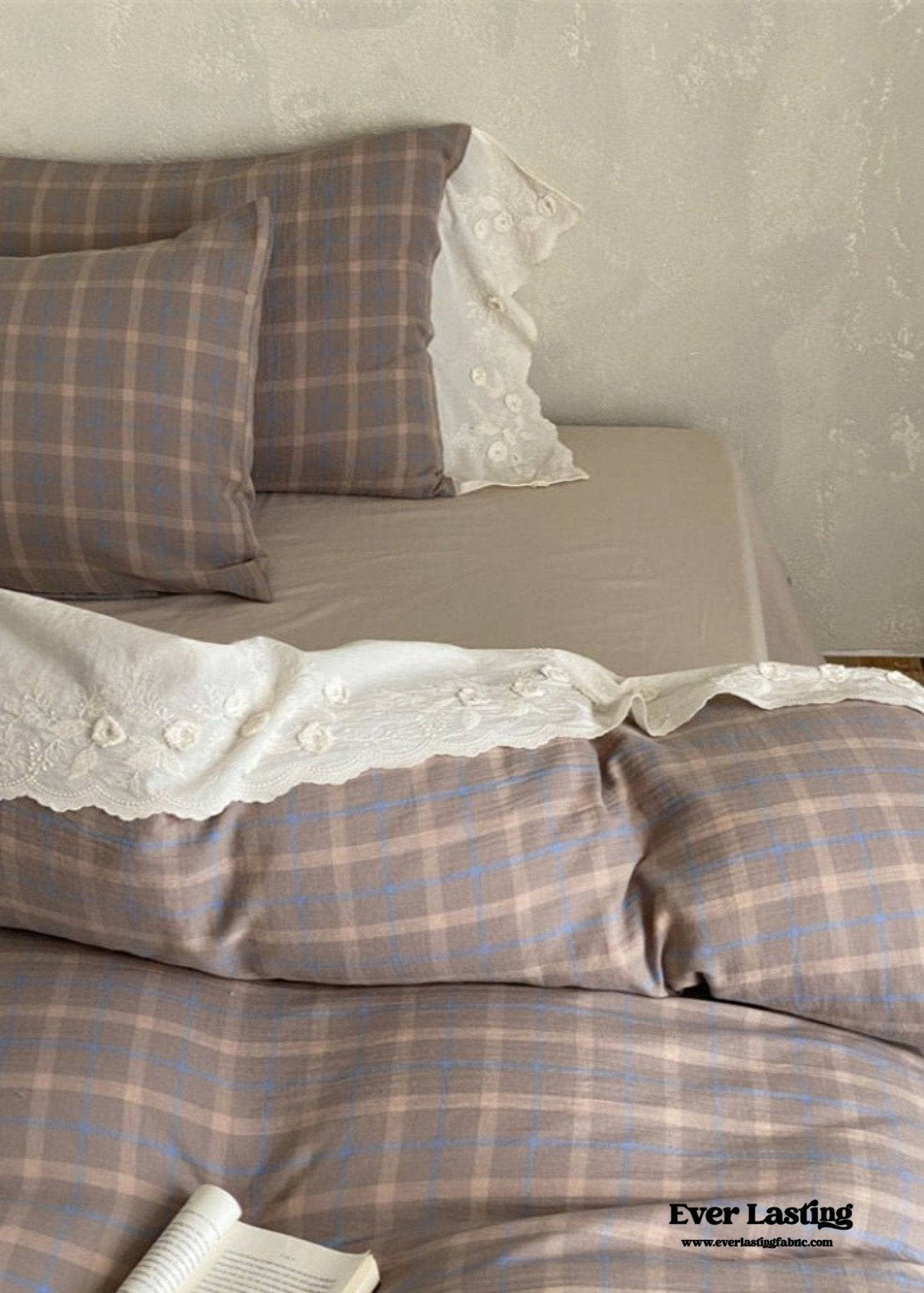 June Lace Double Gauze Gingham Bedding Set / Brown