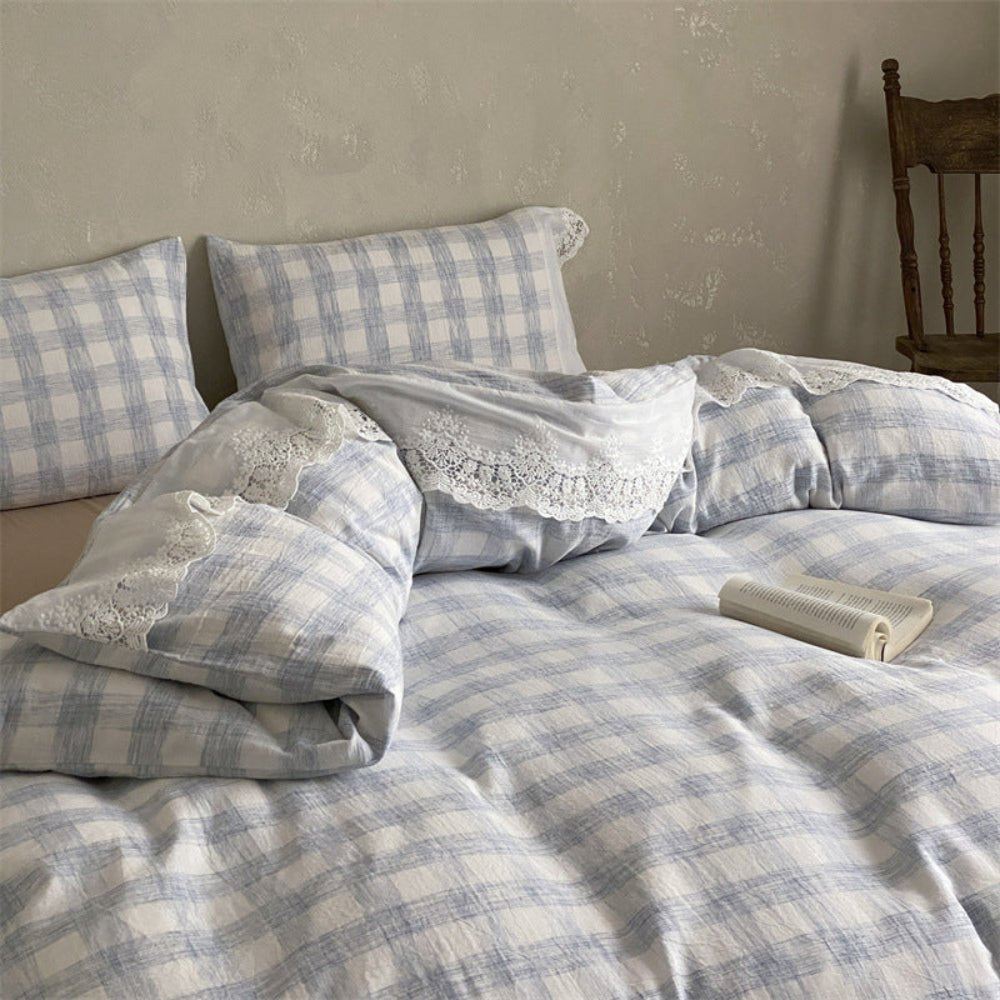 June Lace Double Gauze Gingham Bedding Set / Red