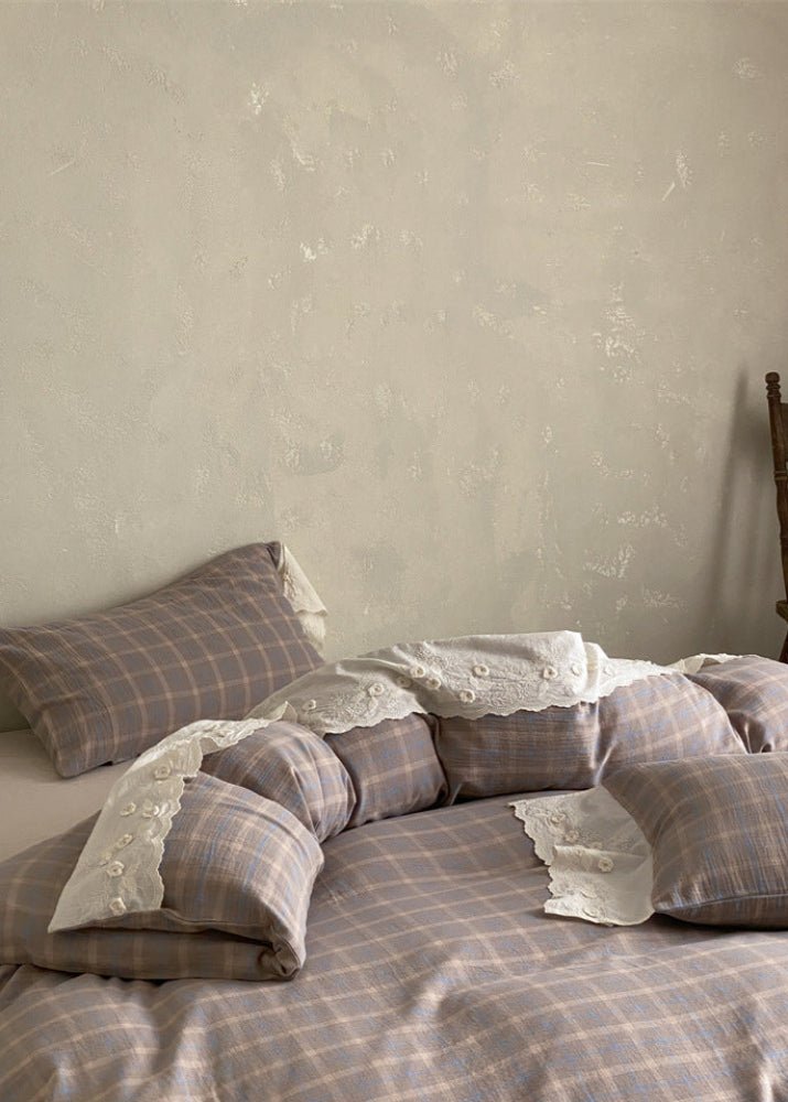 June Lace Double Gauze Gingham Bedding Set / Blue