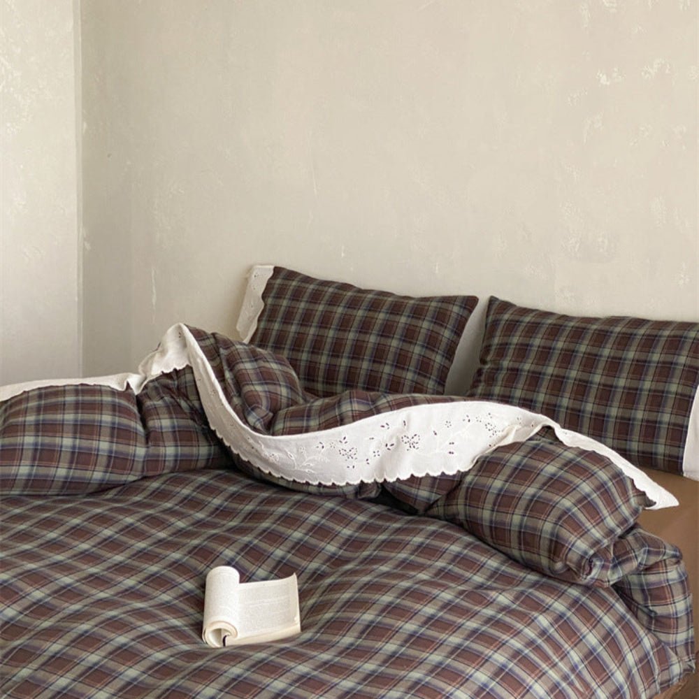 June Lace Double Gauze Gingham Bedding Set / Blue