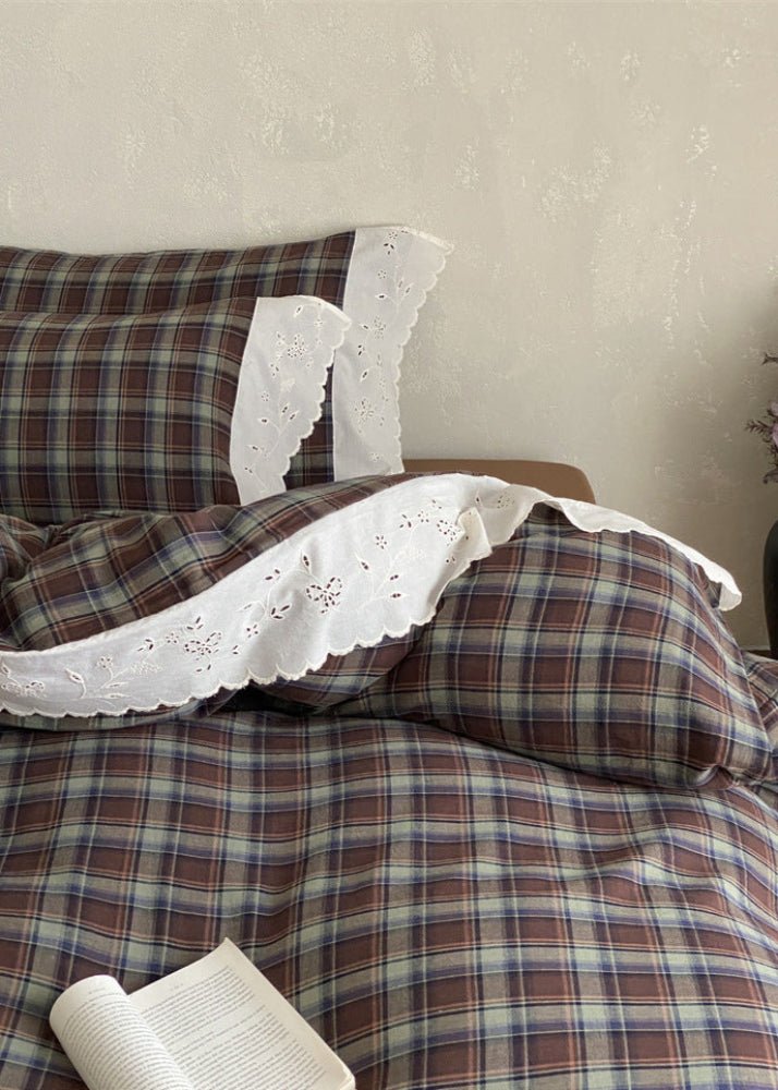 June Lace Double Gauze Gingham Bedding Set / Red